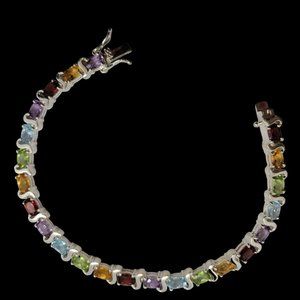 Vtg Real Multi Gem Rainbow Colors 925 Sterling Silver Tennis Bracelet 7.5"